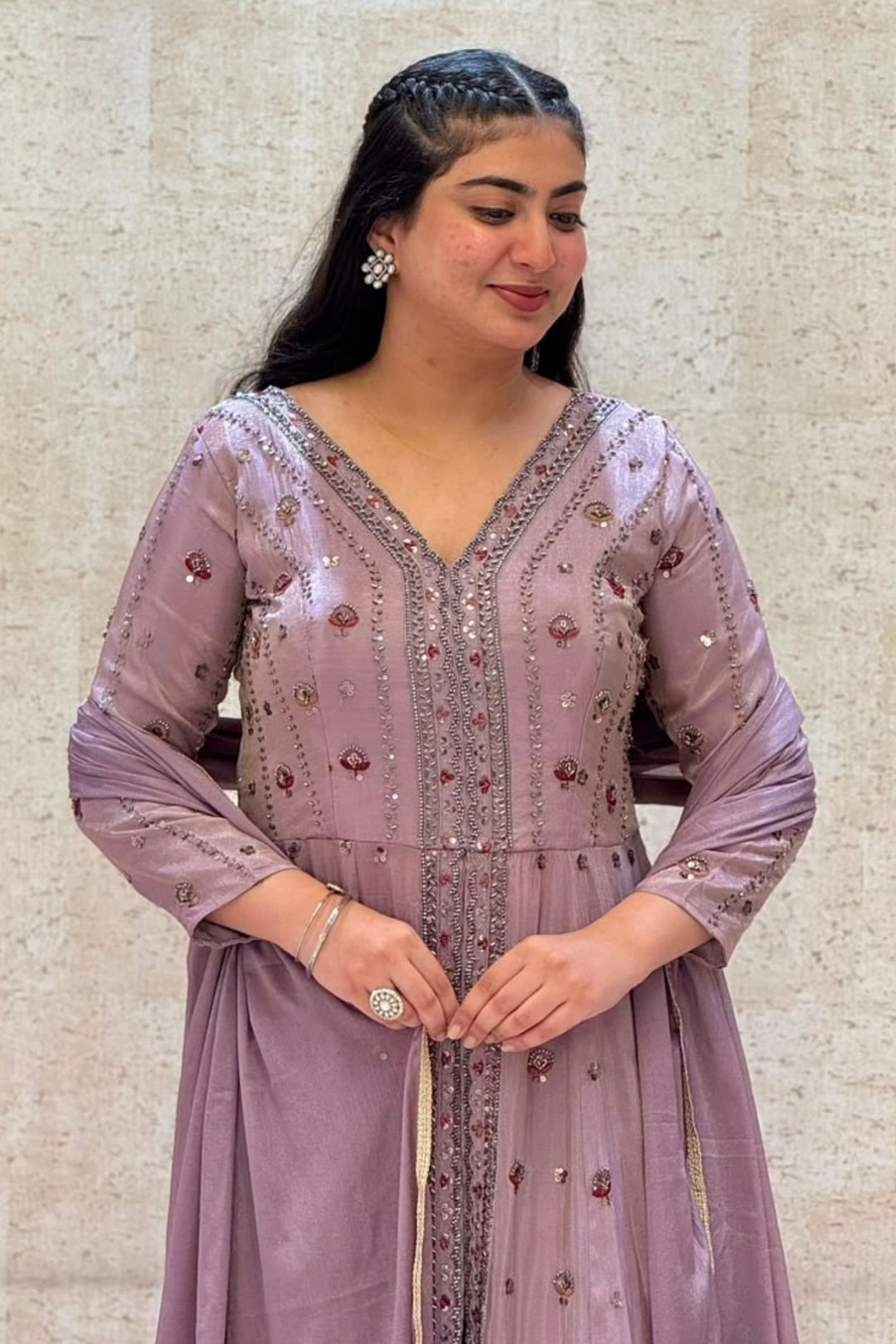 Lilac Beads, Sequins and Thread work Long Top with Palazzo