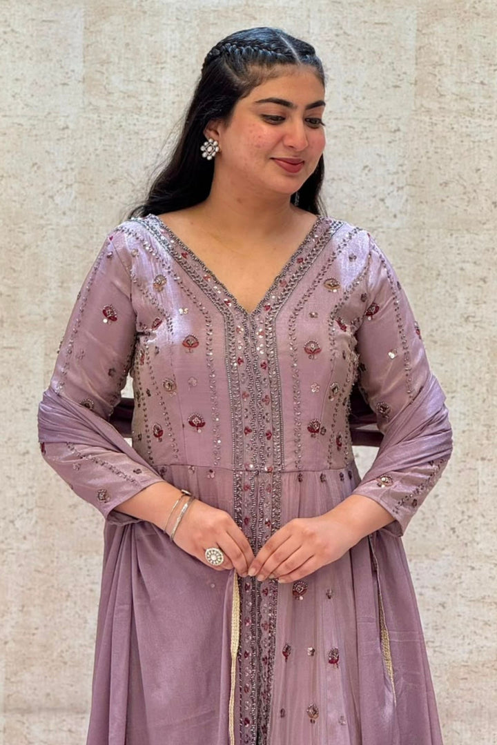 Lilac Beads, Sequins and Thread work Long Top with Palazzo