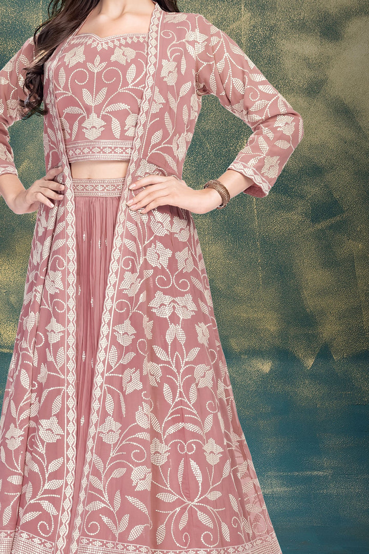 Onion Pink Sequins and Thread work Overcoat Styled Lehenga Choli for Girls