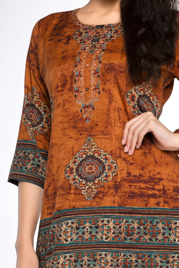 Mustard Sequins and Thread work with Multicolor Digital Print Calf Length Kurti