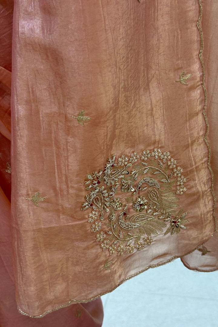 Peach Shimmer Tissue Saree with Scalloped Zari Border