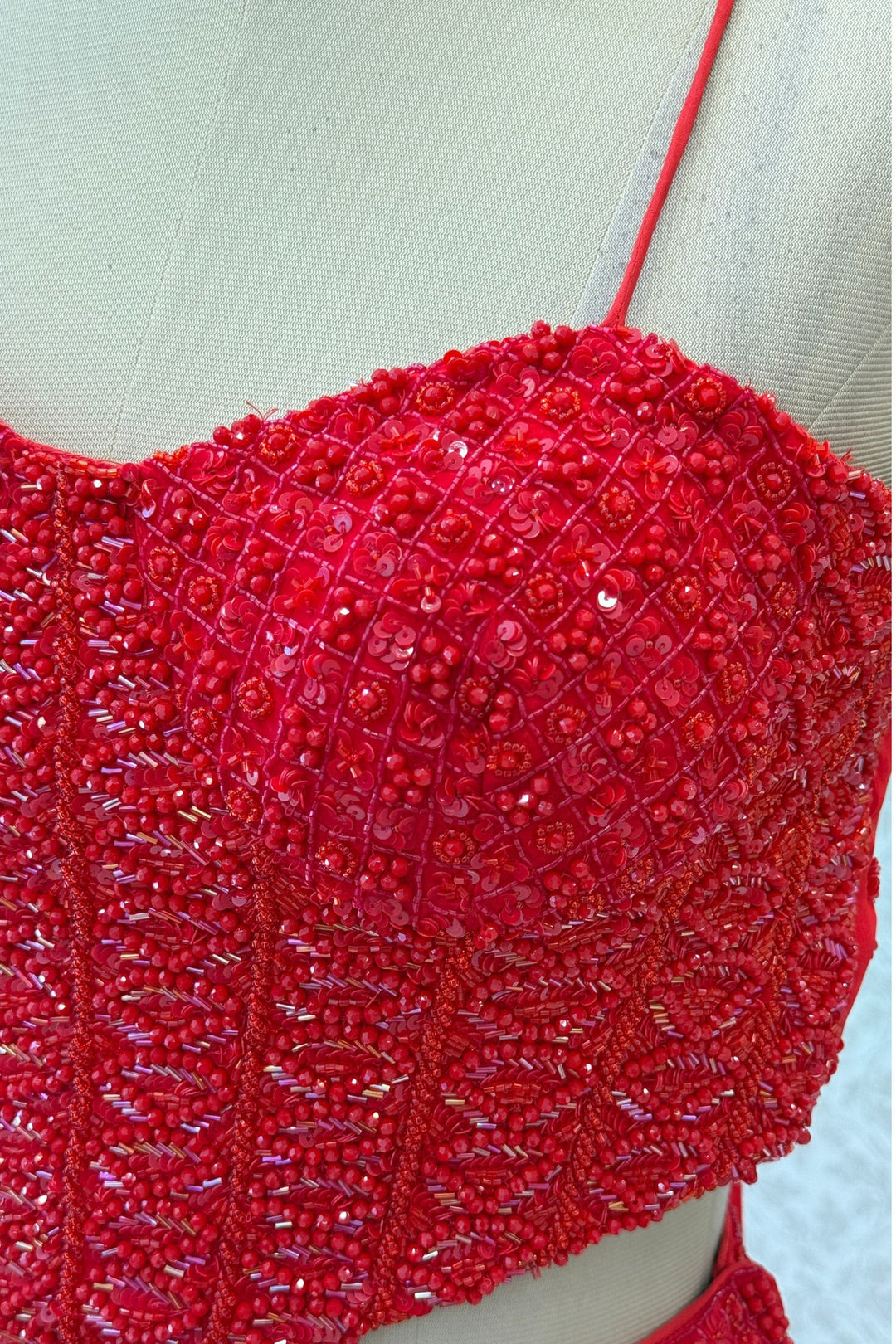 Red Beads and Sequins work Crop Top Lehenga