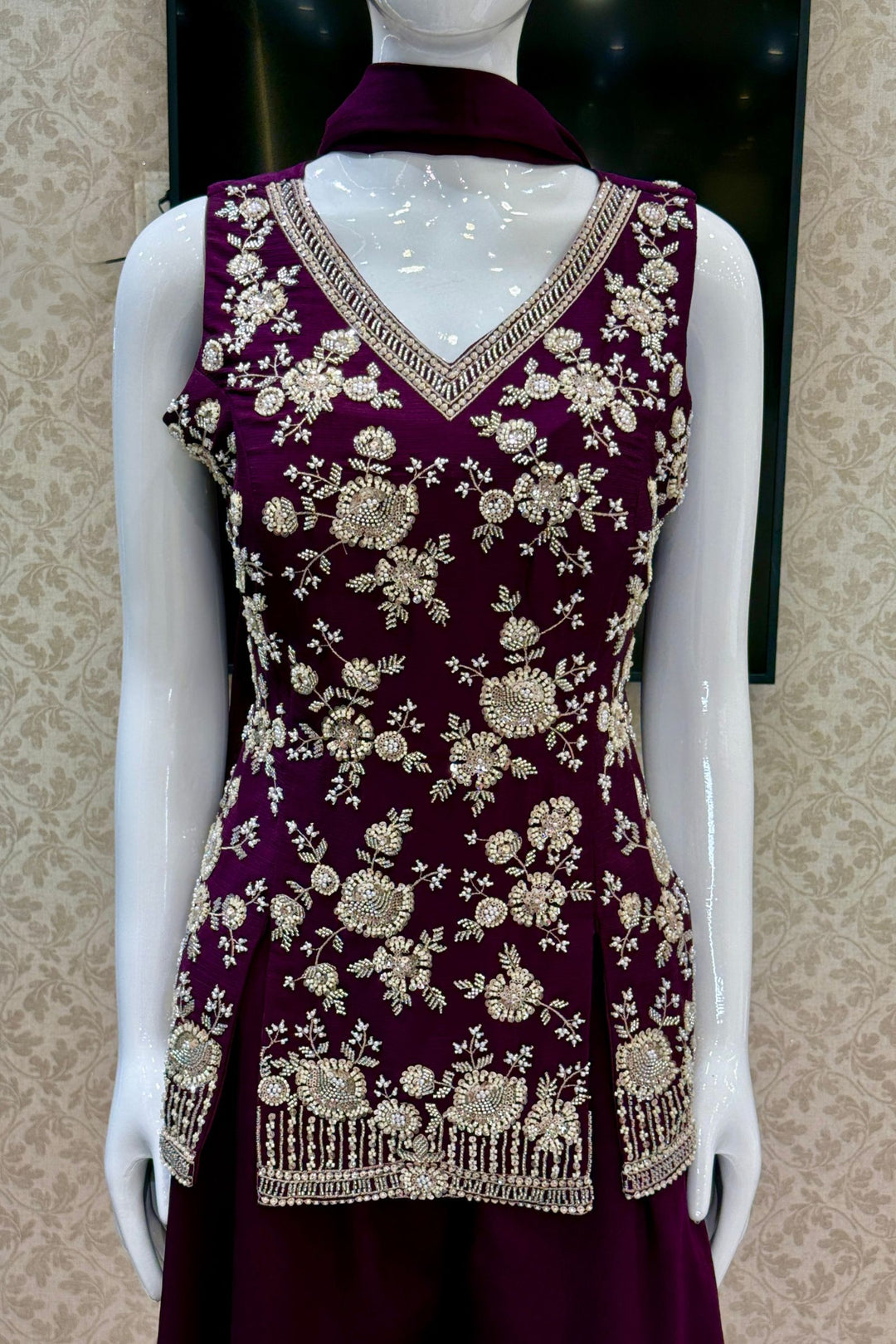 Wine Beads, Zari and Sequins work Palazzo Salwar Suit
