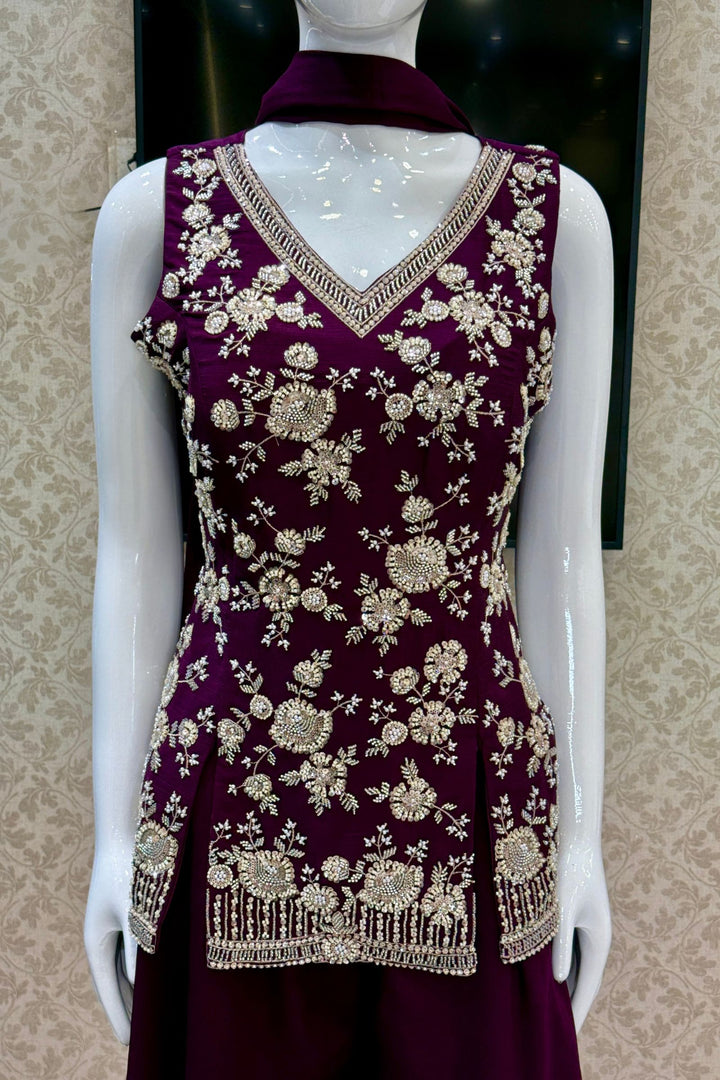 Wine Beads, Zari and Sequins work Palazzo Salwar Suit
