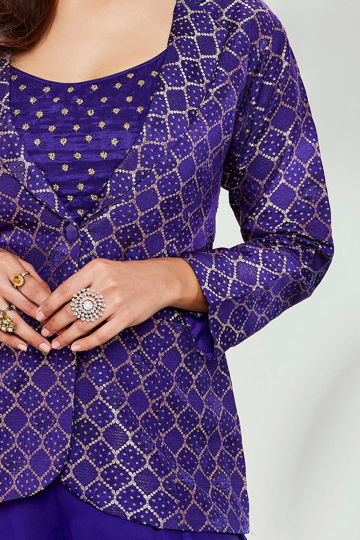 Purple Banaras and Beads work Overcoat Styled Palazzo Suit Set