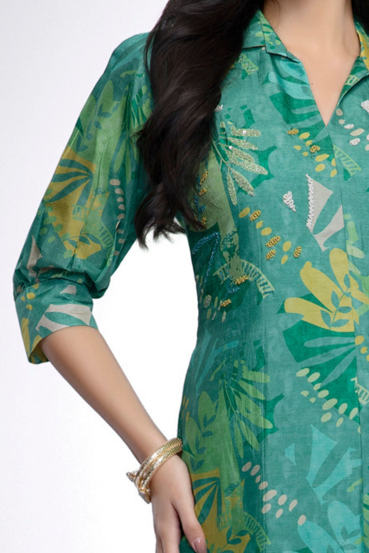 Green Beads work with Multicolor Digital Print Calf Length Kurti