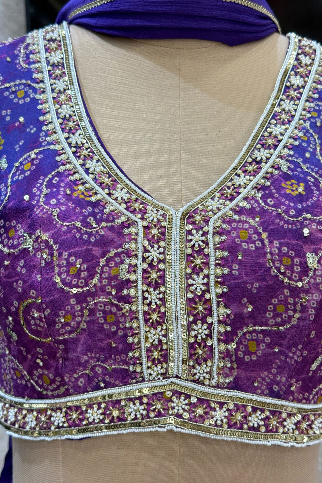 Purple Zari, Sequins and Beads work with Bandini and Leheriya Print Crop Top Lehenga