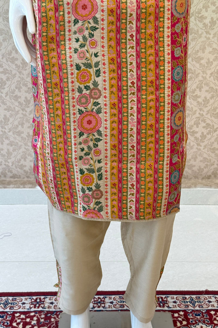 Beige Banaras, Beads and Zardozi work with Multicolor Digital Print Straight Cut Salwar Suit