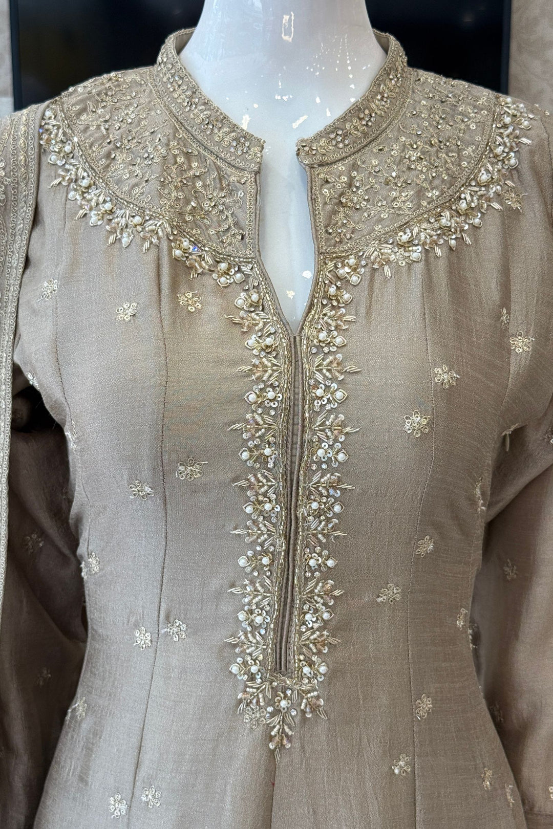 Beige Zari, Zardozi, Sequins and Stone work A-line Cut Salwar Suit