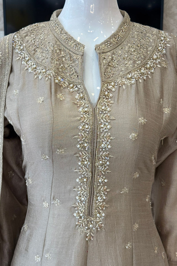 Beige Zari, Zardozi, Sequins and Stone work A-line Cut Salwar Suit