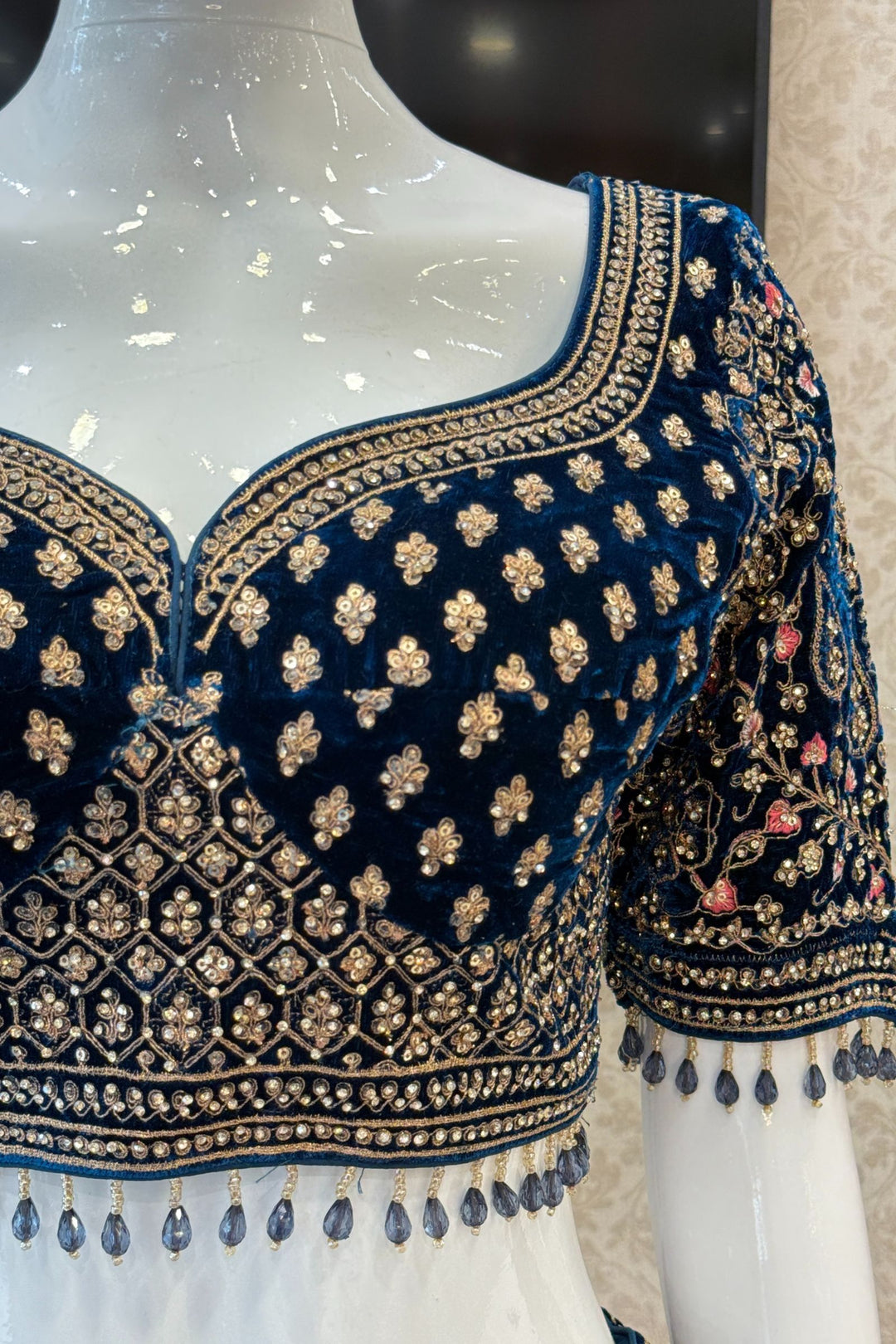 Peacock Blue Zardozi, Beads and Embroidery work Crop Top Designer Bridal Lehenga