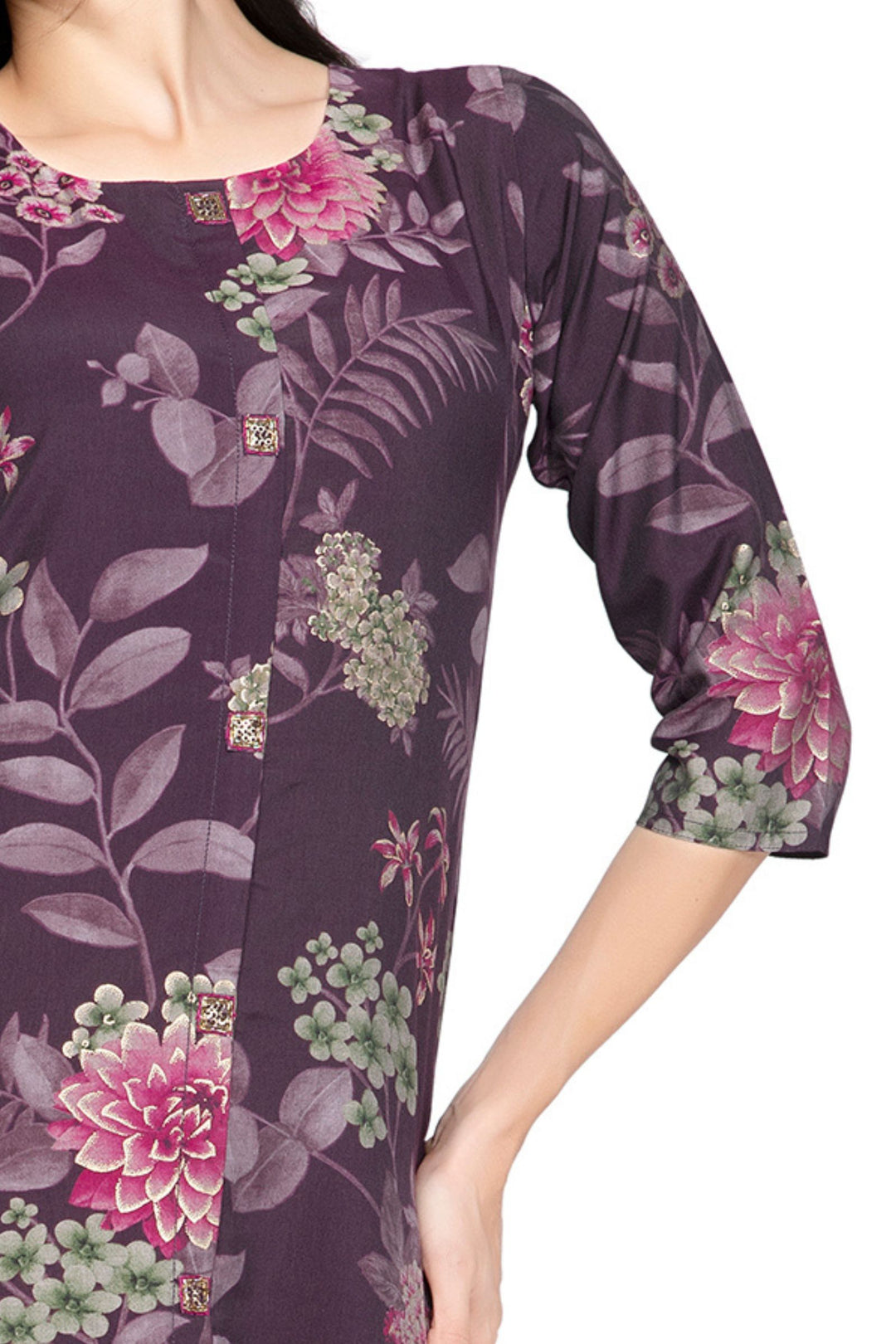 Wine Floral Print Calf Length Kurti