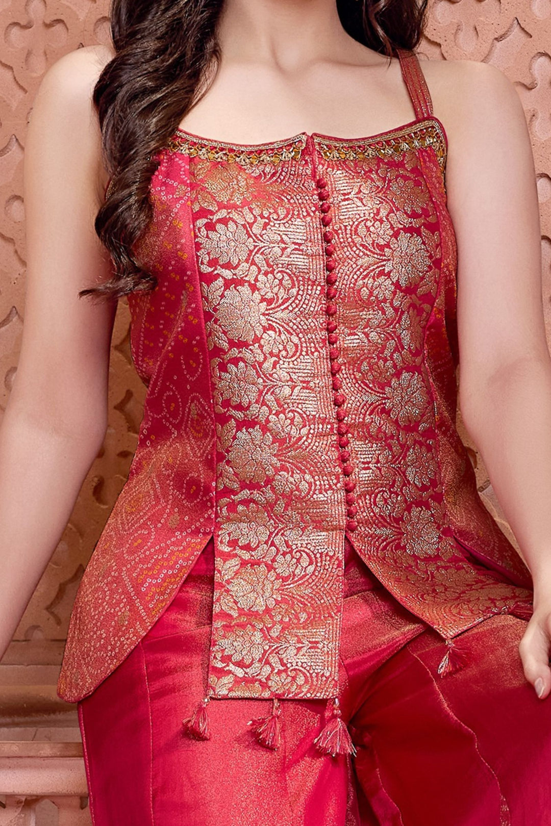 Pink Banaras Zari and Mirror work with Bandini Print Palazzo Suit Set for Girls