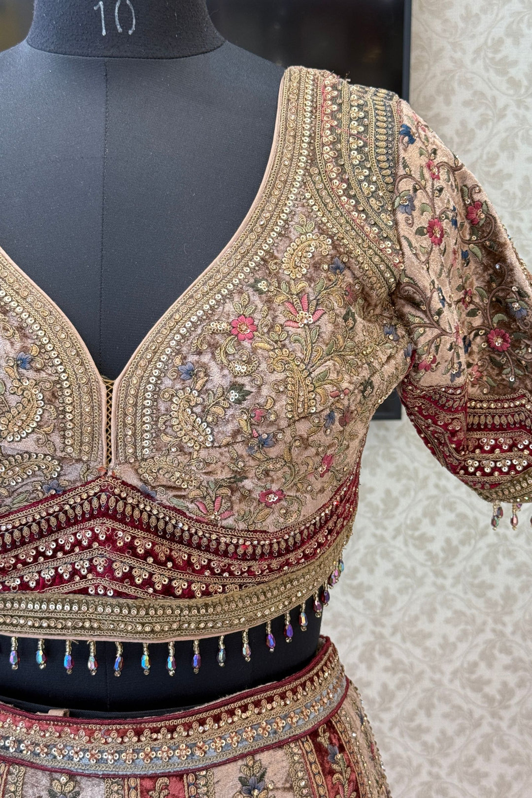 Maroon with Chiku Sequins, Beads, Zari and Stone work Crop Top Designer Bridal Lehenga