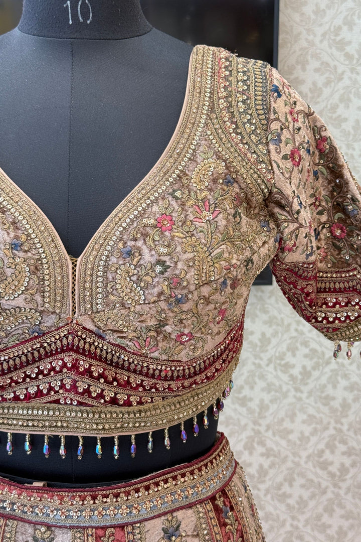 Maroon with Chiku Sequins, Beads, Zari and Stone work Crop Top Designer Bridal Lehenga