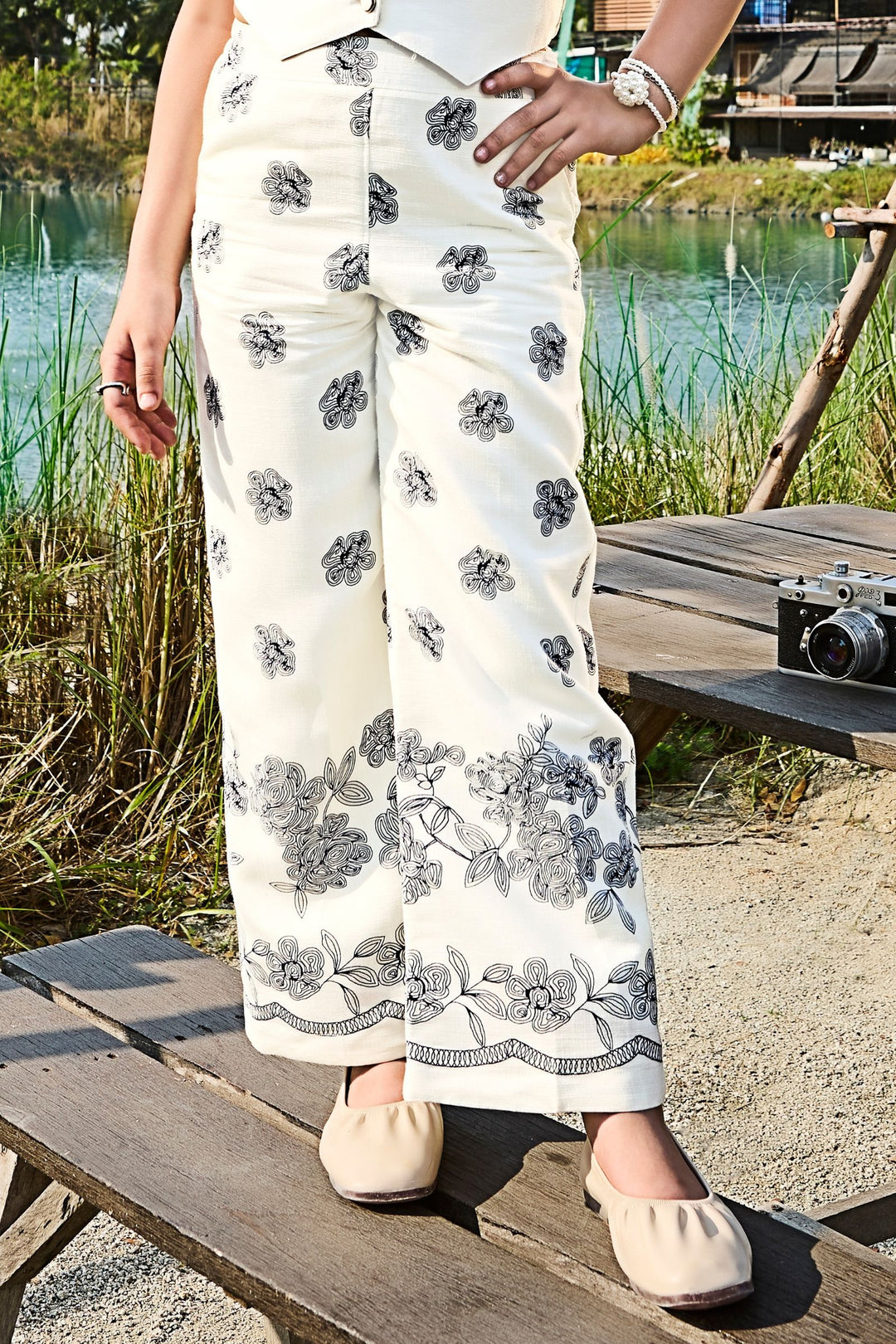Half White Embroidery work with Digital Print Co-ord Set for Girls