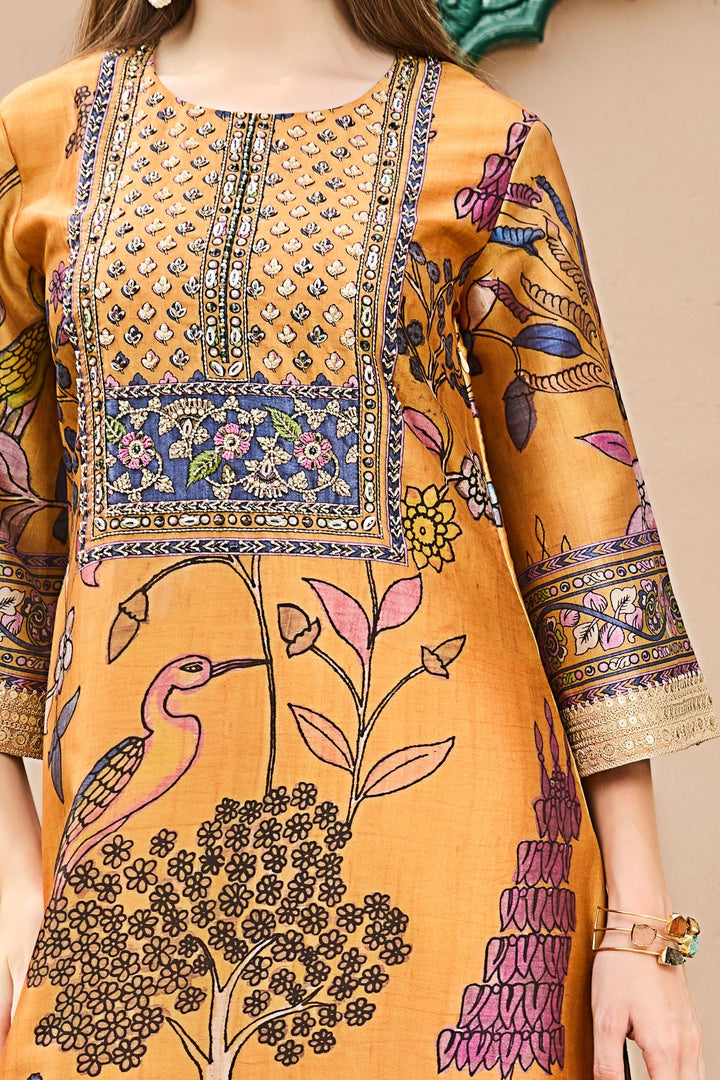 Mustard Beads, Sequins and Thread work with Multicolor Digital Print Low Slit Gown