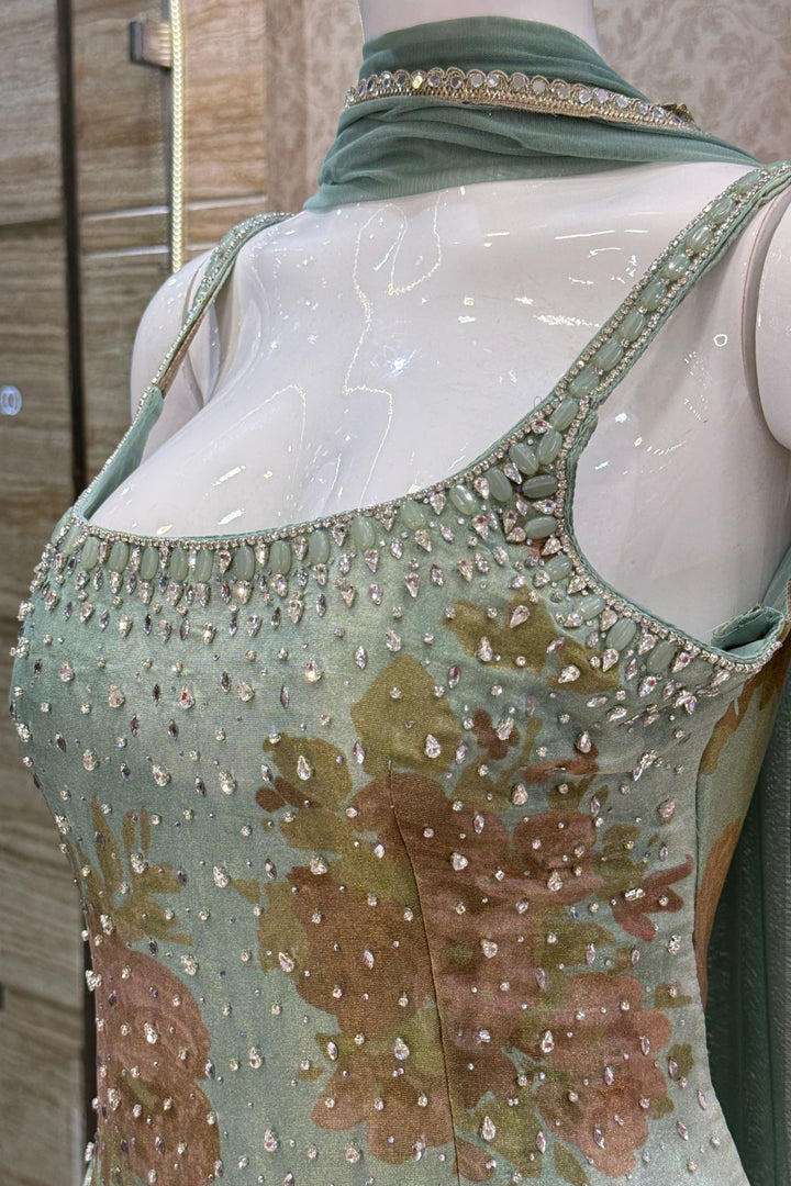 Sea Green Floral Print Top and Flared Palazzo Set with Kundan and Beads work