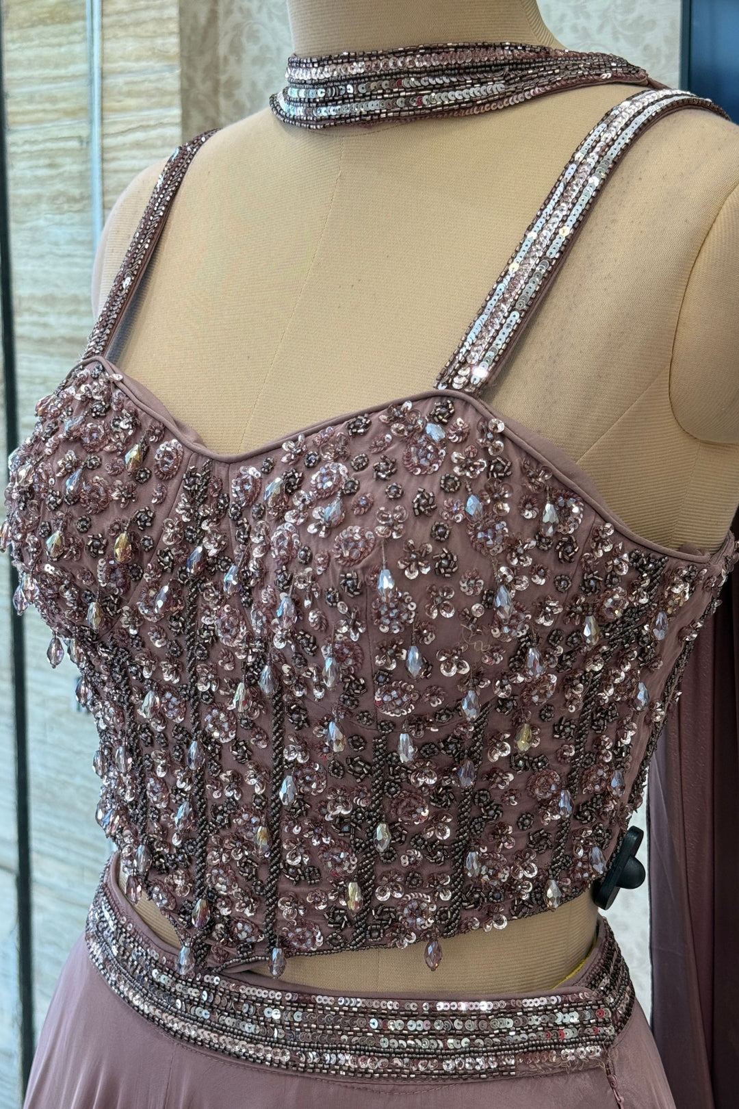 Light Brown Beads and Sequins work Crop Top Lehenga