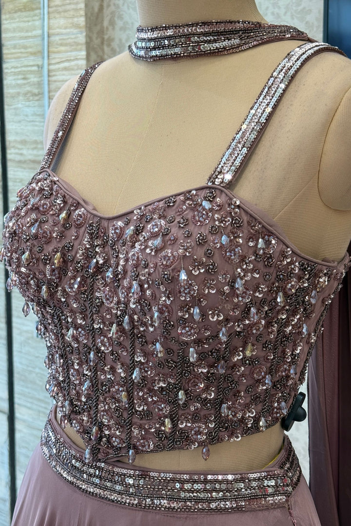 Light Brown Beads and Sequins work Crop Top Lehenga