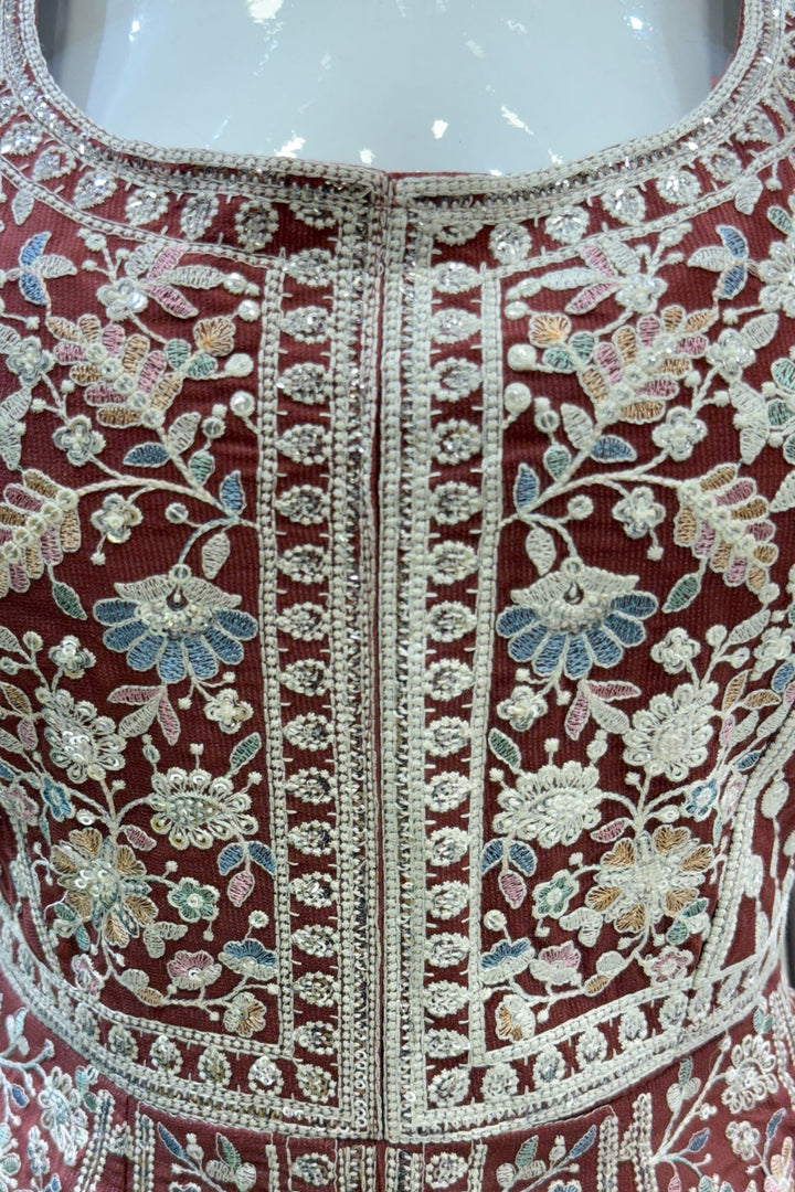 Brick Red Multicolor Embroidery and Sequins work Peplum Top with Palazzo Suit Set