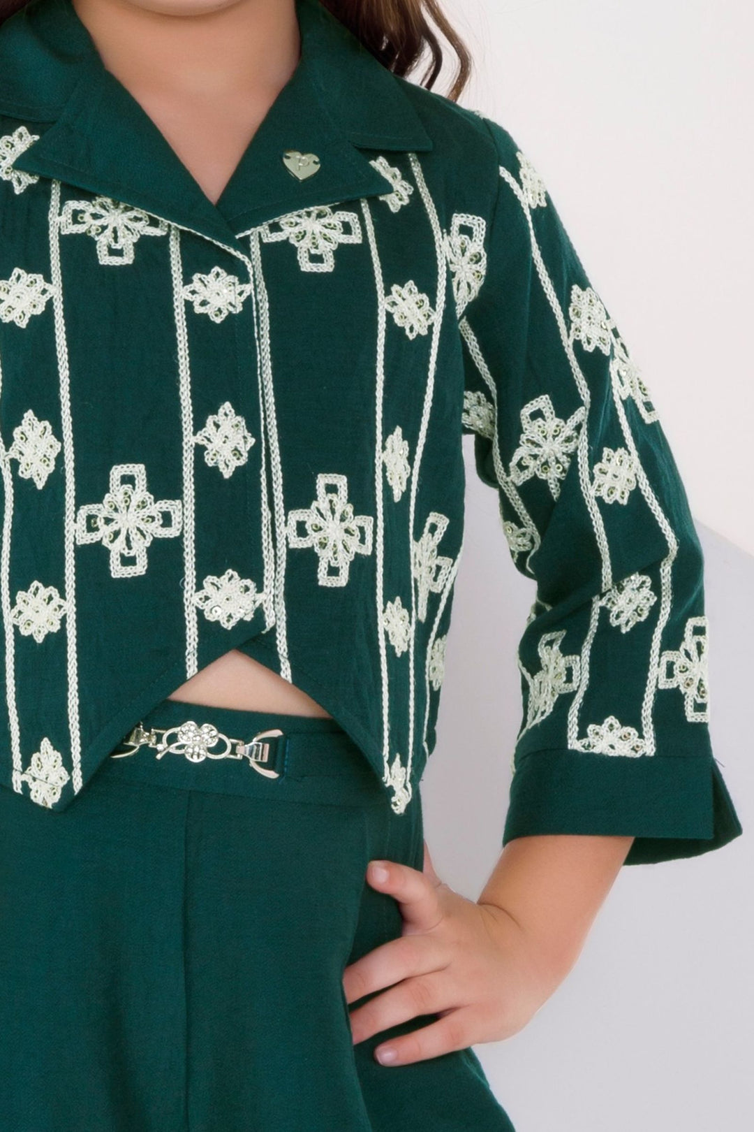 Bottle Green Thread and Sequins work Top with Palazzo Set for Girls