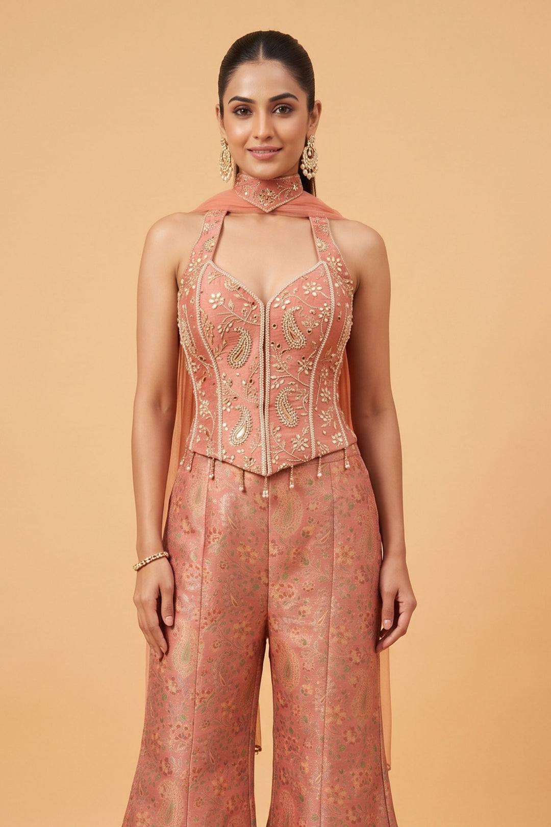 Peach Halter Neck Palazzo Salwar Suit with Multicolor Brocade and Sequins Detailing