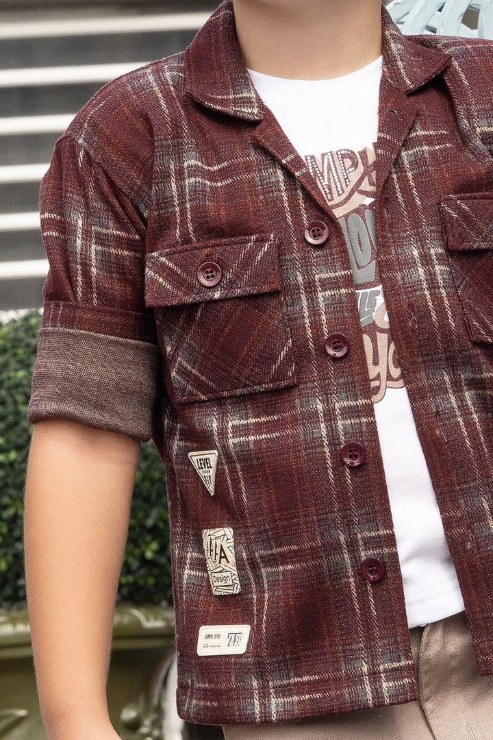 Brown with White Printed Blazer, T-Shirt and Light Grey Pant Set for Boys with Belt