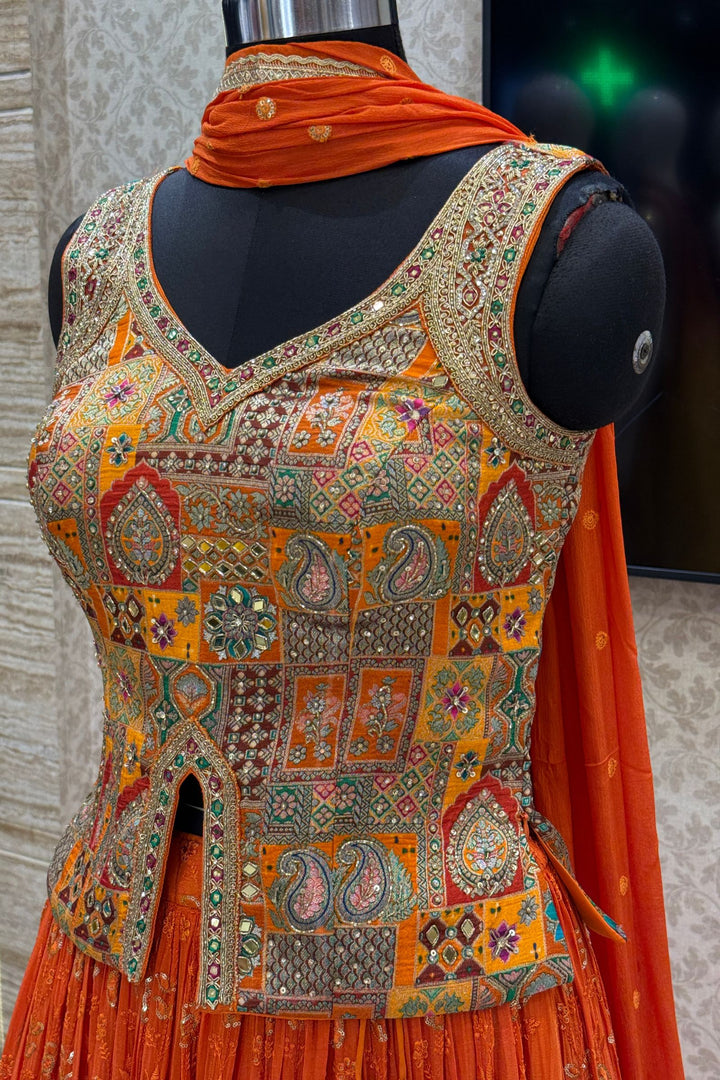 Orange Zardozi, Beads, Mirror, Stone, Zari and Beads work Peplum Style Lehenga