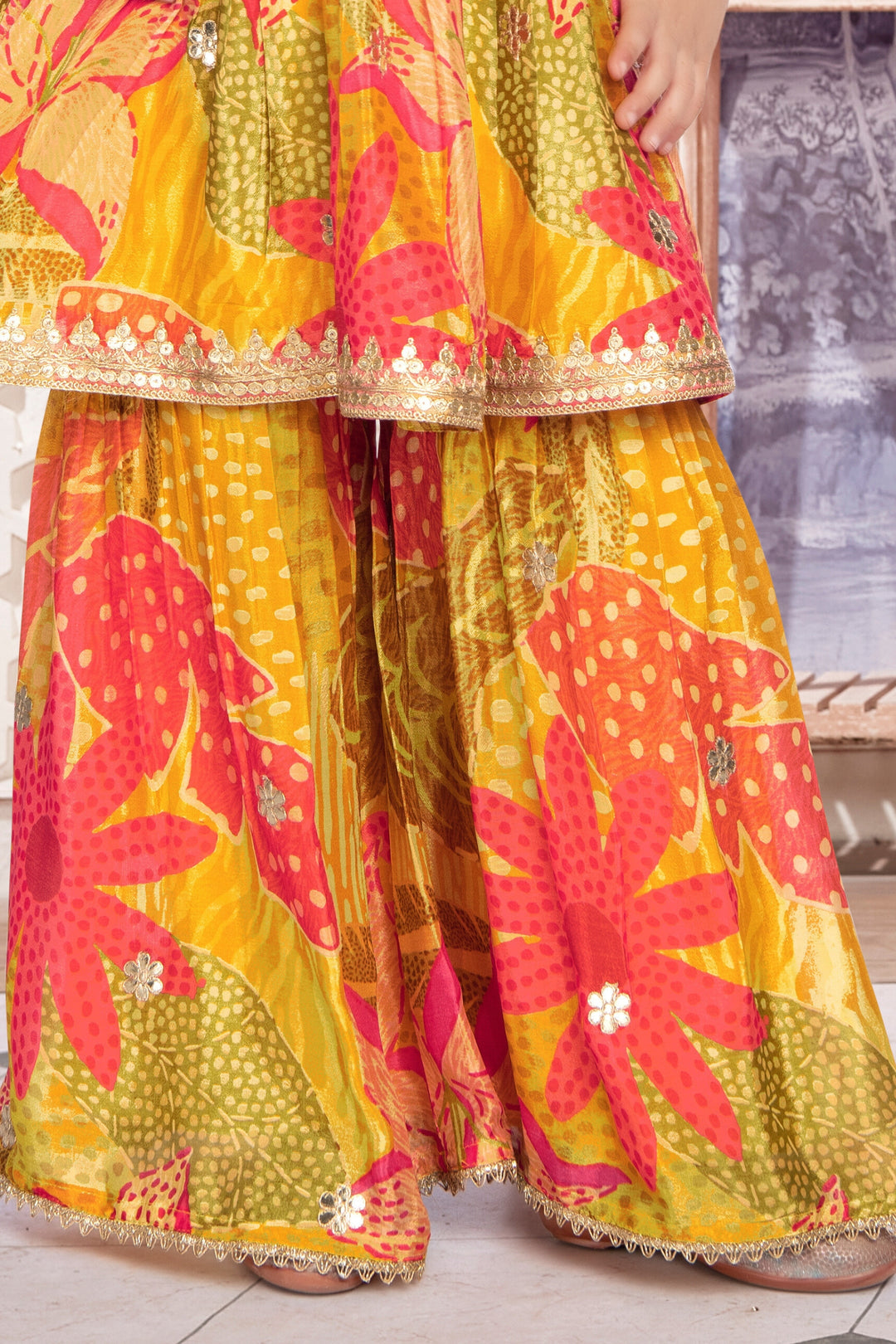 Yellow Zari and Sequins work Alia Cut Peplum Top and Sharara Set for Girls