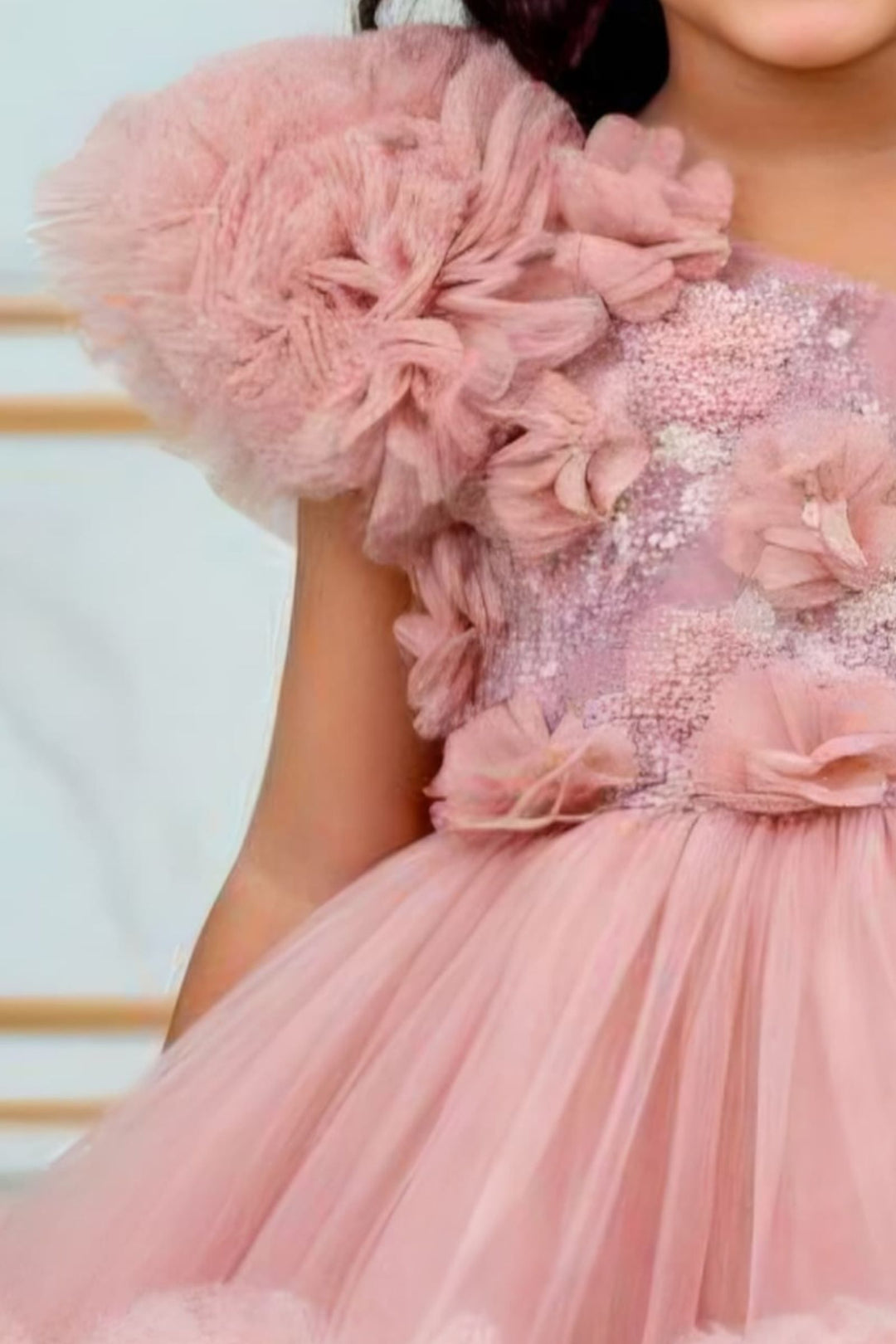 Onion Pink Beads, Sequins and Zari Thread work Tail Cut Double Layered Partywear Frock for Girls