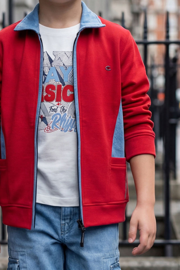 Red with Blue Blazer, Printed T-Shirt and Pant Set for Boys