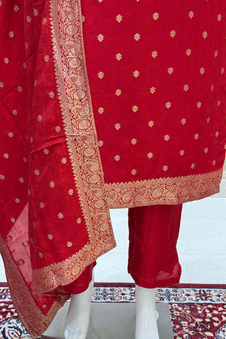 Red Banaras work V-Neck Straight Cut Salwar Suit