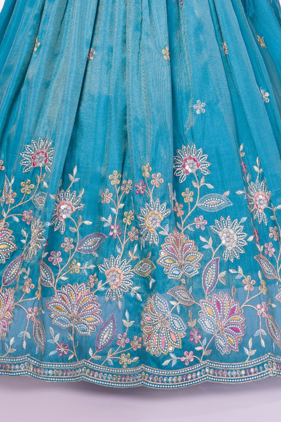 Rama Green Multicolor Thread, Zari, Mirror and Stone work Lehenga Choli for Girls