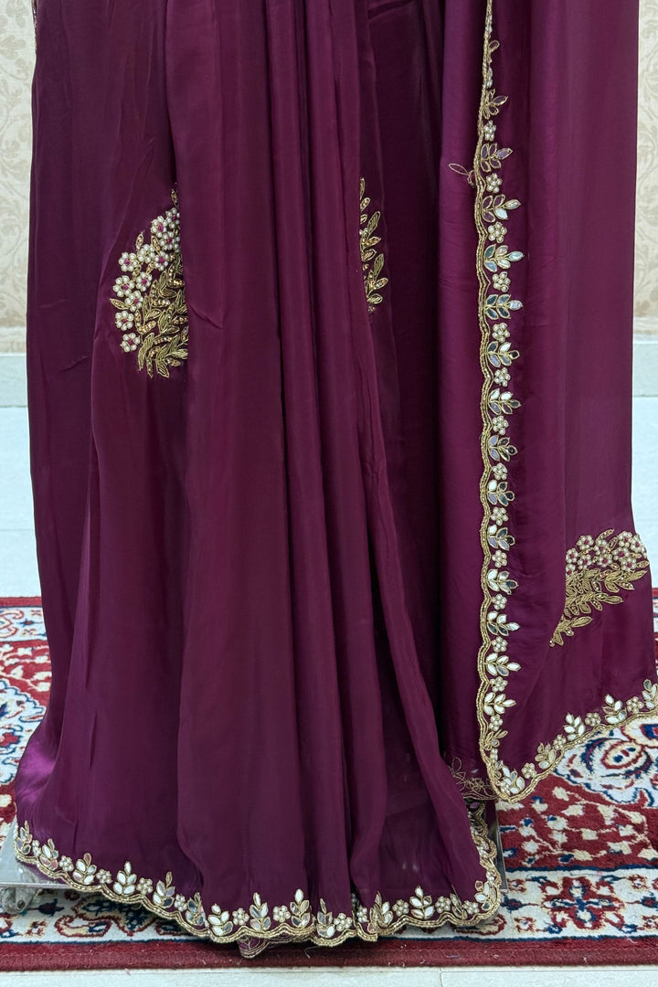 Wine Mirror, Pearl, Zardozi, Stone and Beads work Saree