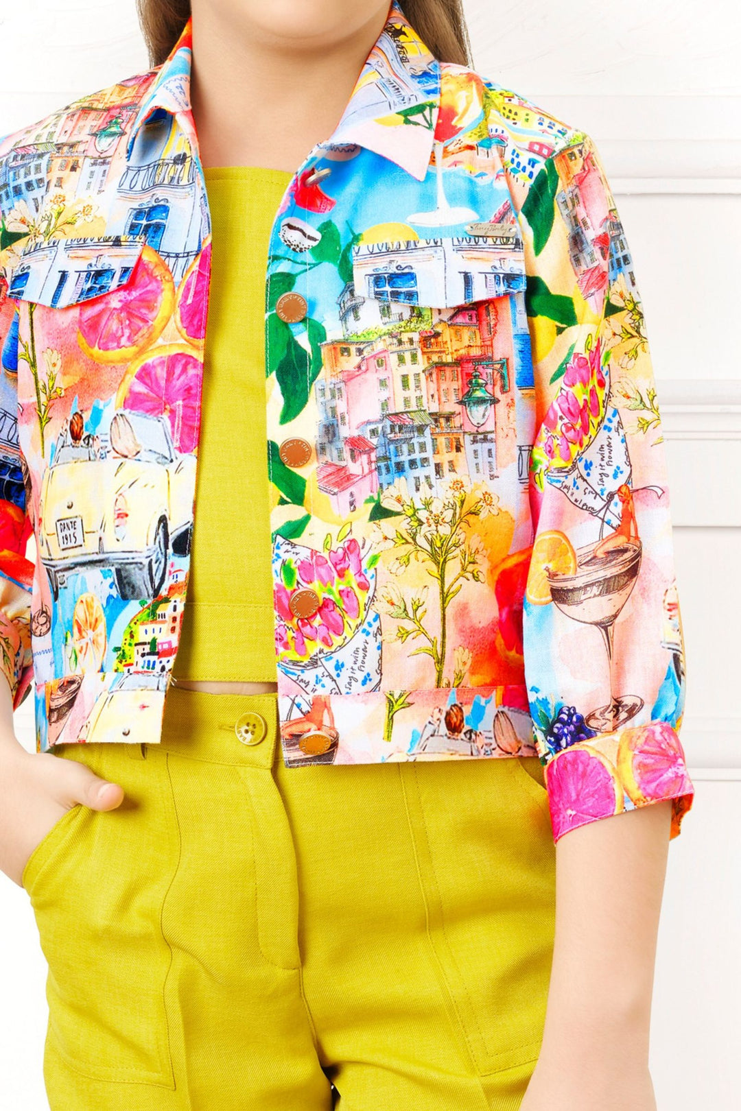Neon Yellow with Multicolor Digital Print Jacket Styled Co-ord Set for Girls