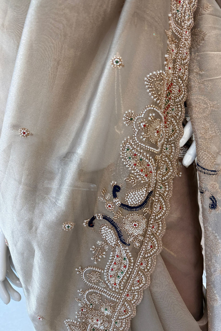 Grey Beads, Sequins and Pearl work Saree