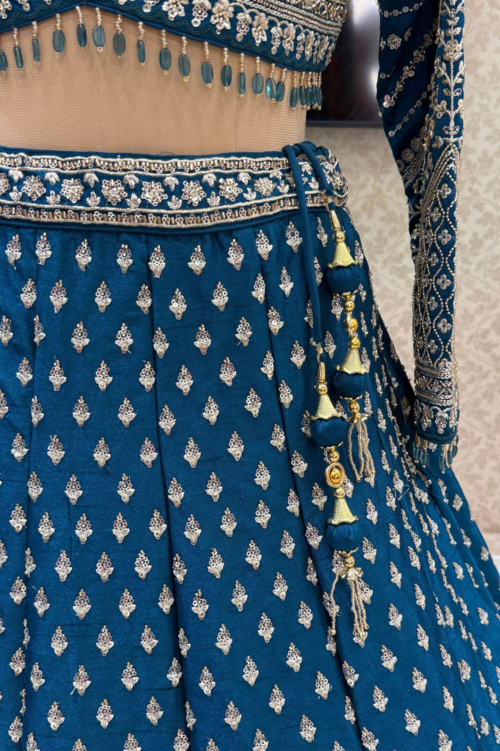Designer Wedding Lehenga in Peacock Blue with Beads, Zari and Sequins Work