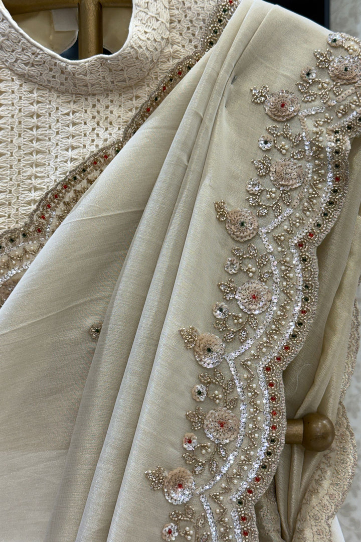 Beige Saree with Intricate Pearl, Sequins and Beads work