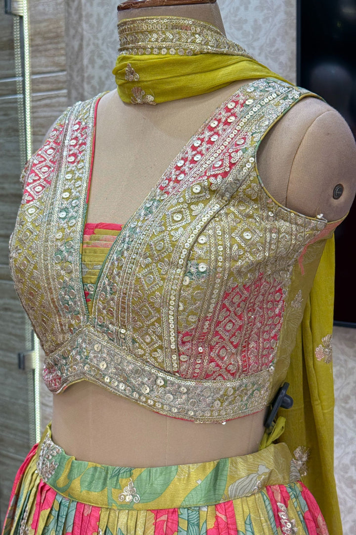 Liril Green Sequins and Zari work with Multicolor Digital Print Crop Top Lehenga