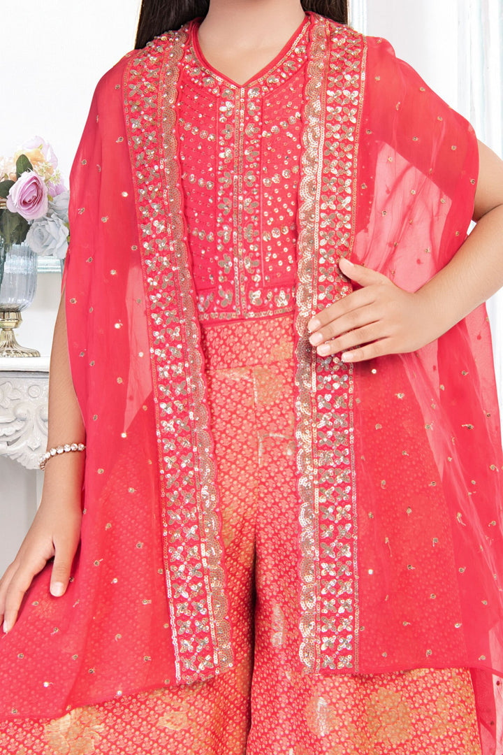 Tomato Thread, Sequins and Zari work Overcoat Styled Printed Palazzo Set For Girls