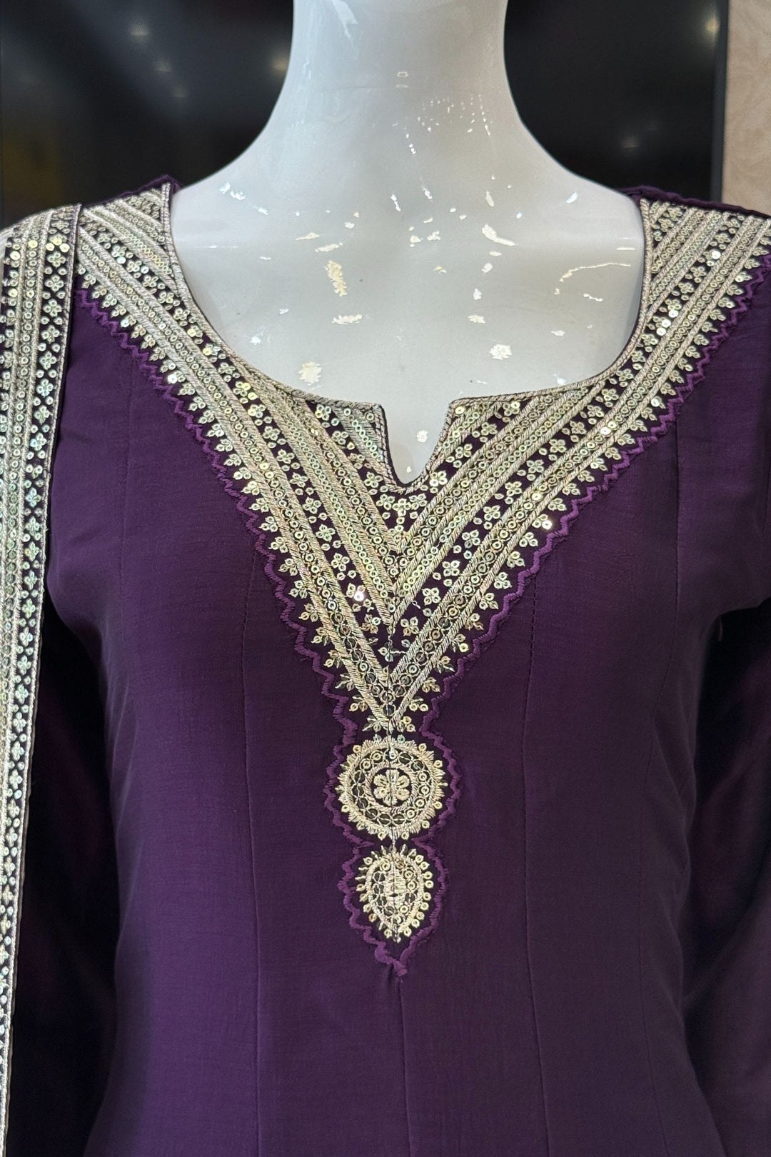 Dark Purple Sequins and Zari work A-line Cut Salwar Suit