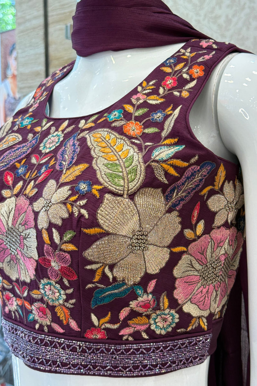 Wine Floral Embroidered Palazzo Set