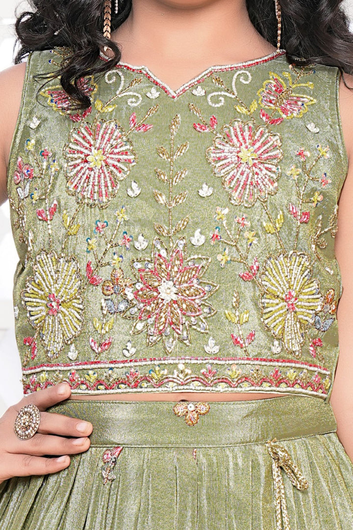 Green Beads, Sequins and Multicolor Thread work Lehenga Choli for Girls
