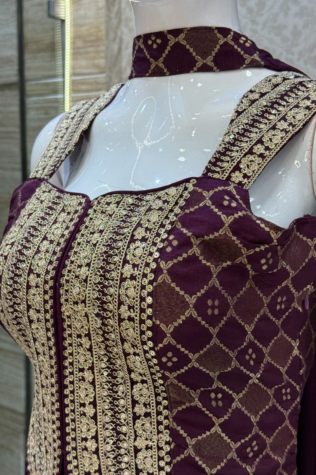 Wine Banaras Zari, Sequins and Zari Thread work Palazzo Suit Set