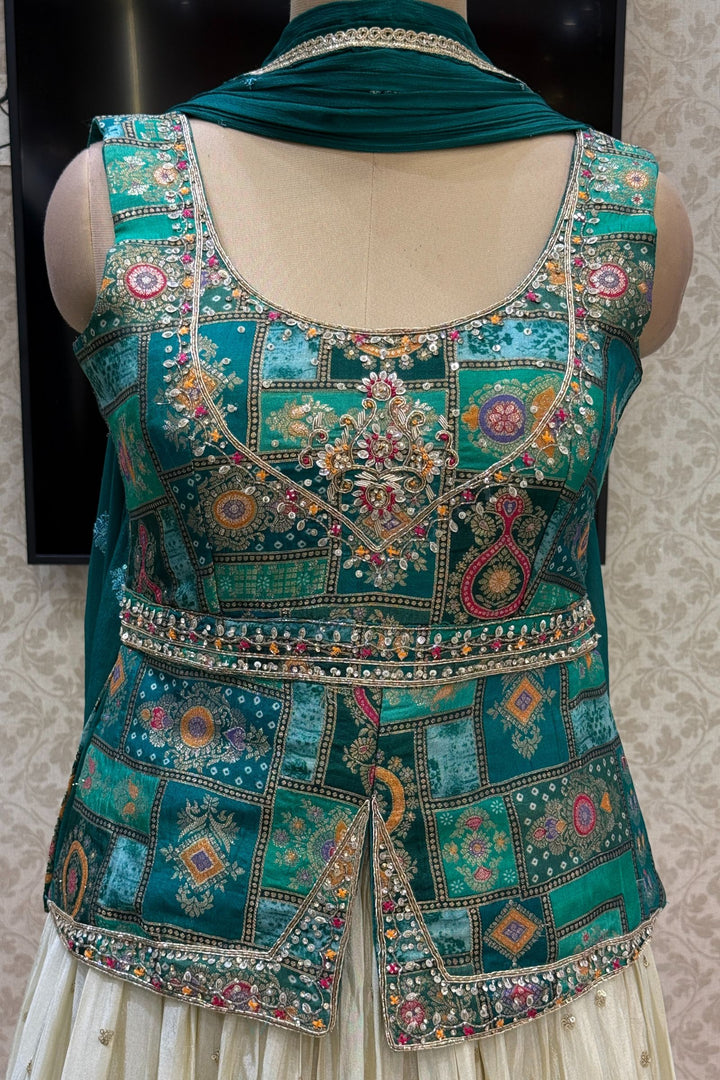 Green with Cream Banaras, Beads, Sequins, Zari and Stone work Peplum Style Lehenga
