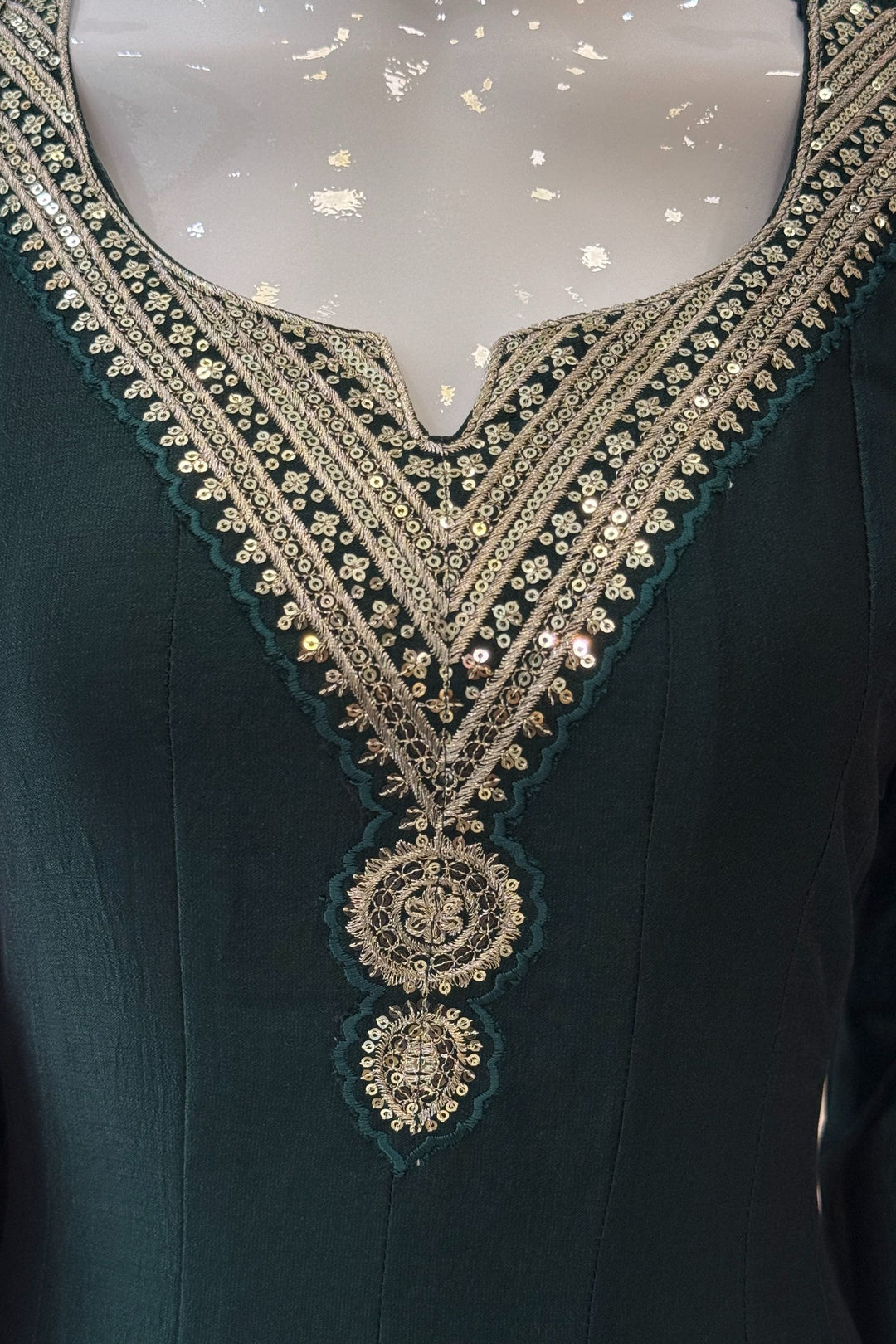 Bottle Green Sequins and Zari work A-line Cut Salwar Suit