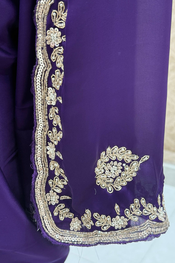 Purple Satin Saree Featuring Exquisite Bead, Zardozi and Sequins