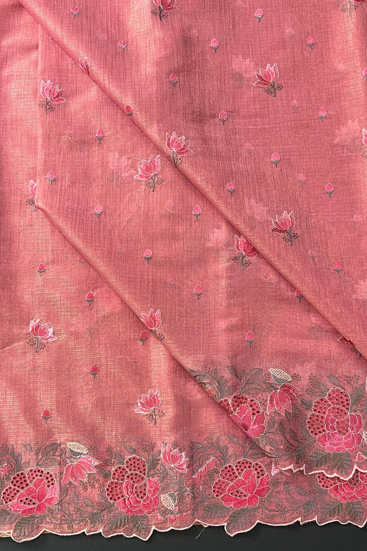 Pink Tissue Saree with Cutwork and Floral Embroidery work