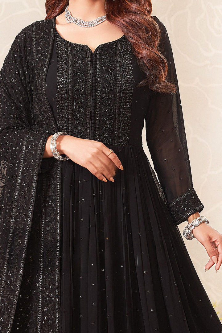 Black Sequins and Beads work Floor Length Anarkali Suit